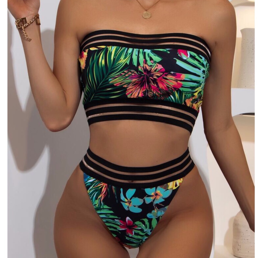 Tropical Black Floral Bandeau High Waist Bikini  L